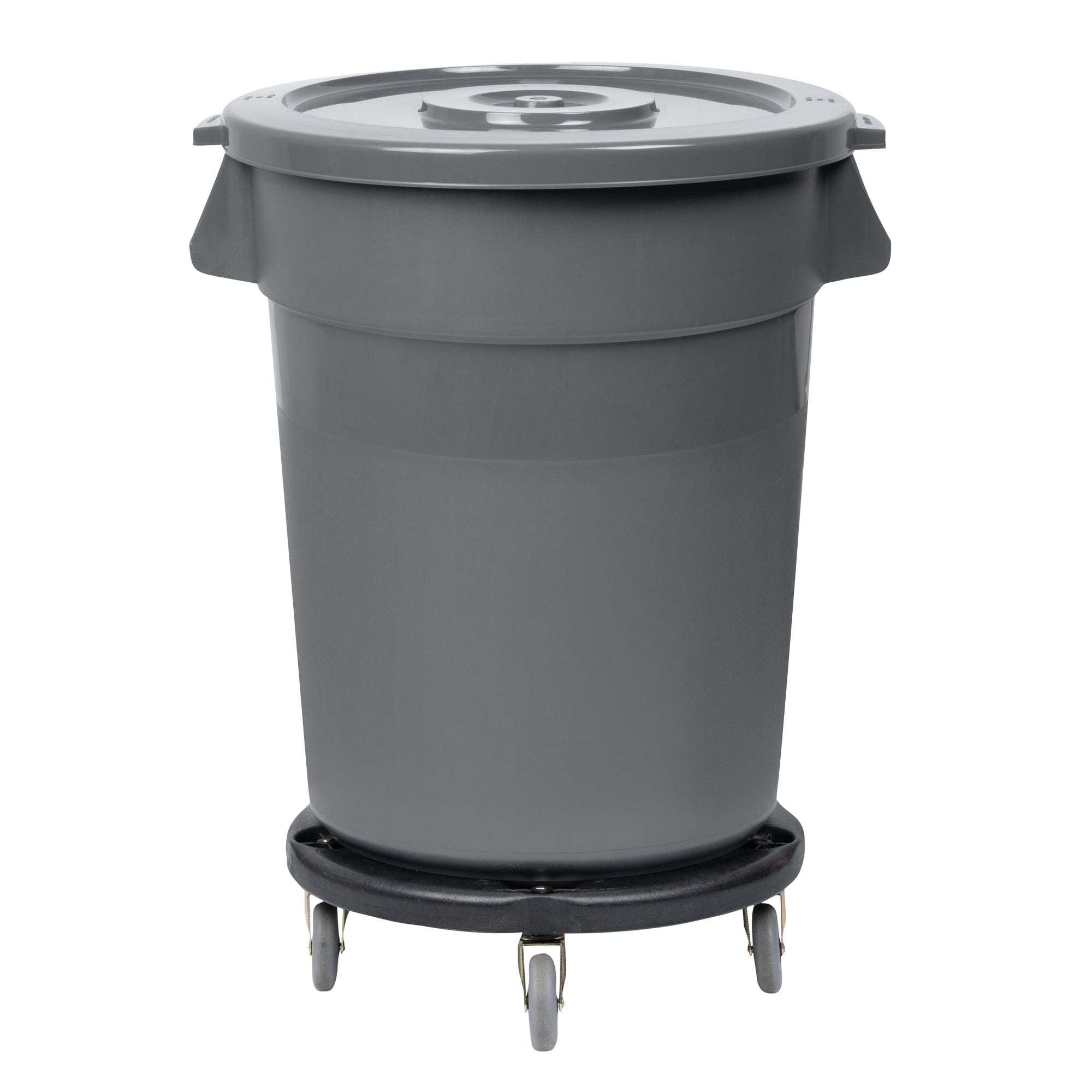 RW Clean 1 Gray 32 gal Plastic Commercial Trash Can and 1 Gray Lid and 1 Dolly