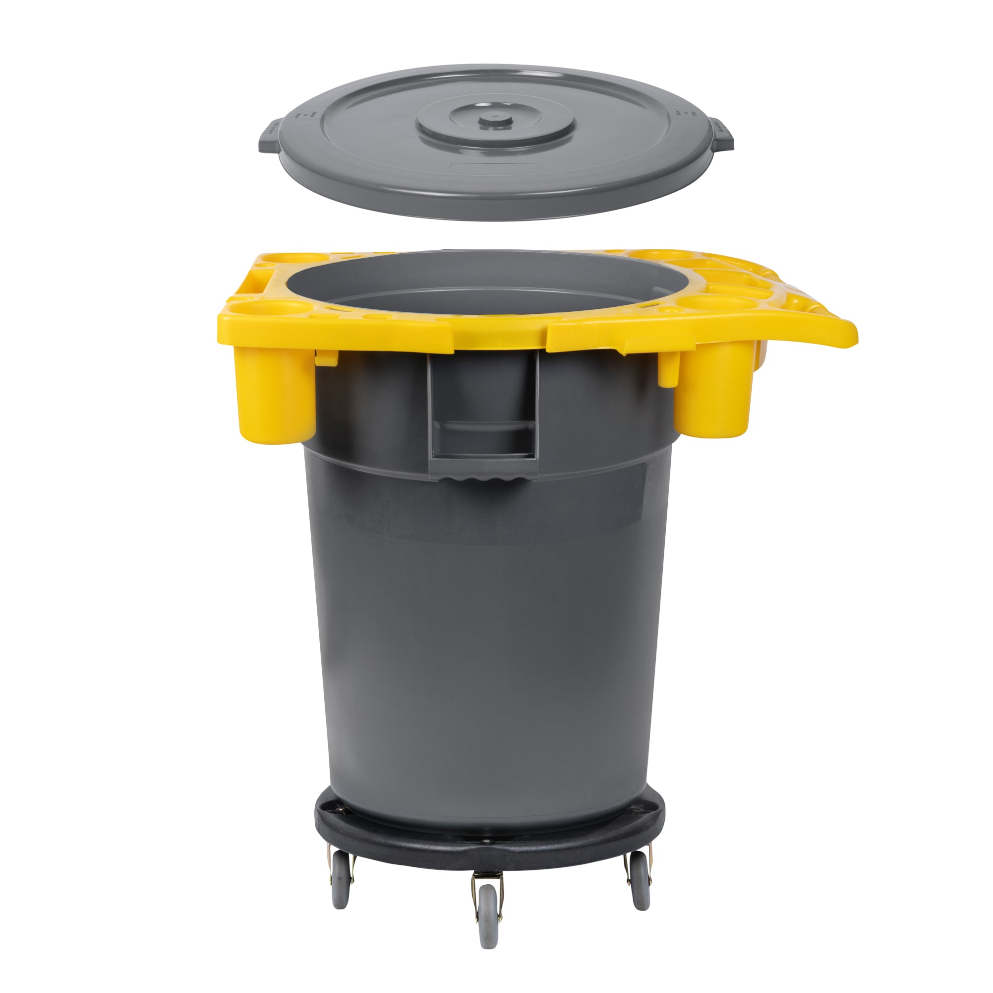 RW Clean 1 Gray 44 gal Plastic Commercial Trash Can and 1 Gray Lid, 1 Dolly and 1 Yellow Caddy