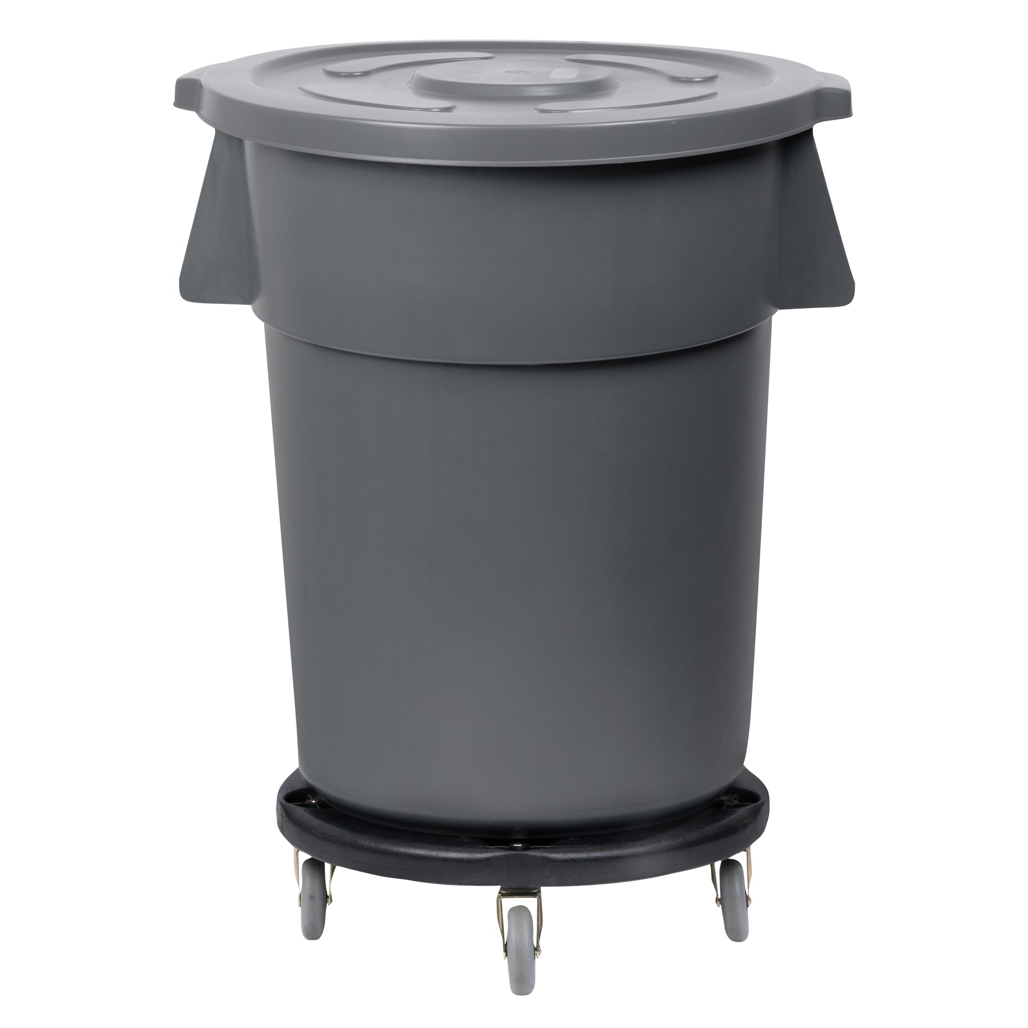 RW Clean 1 Gray 55 gal Plastic Commercial Trash Can and 1 Gray Lid and 1 Dolly