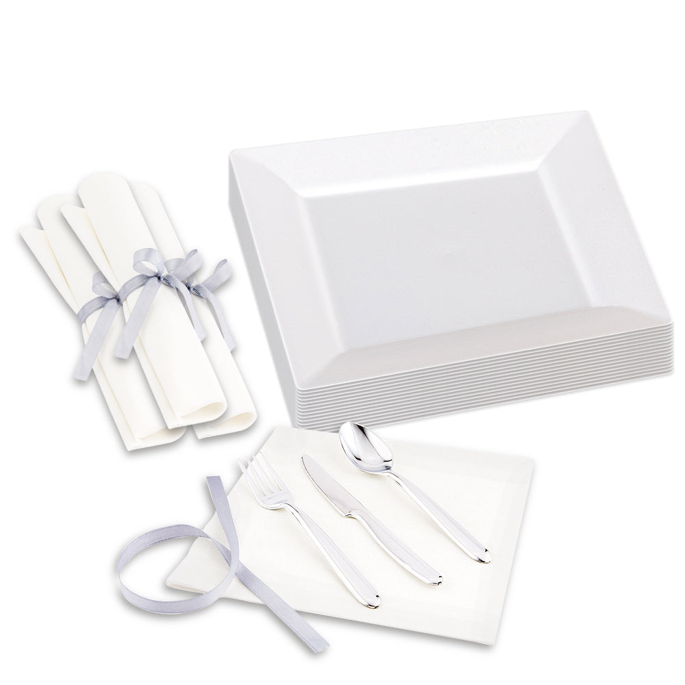 100 Square White 9 1/2" Plastic Modern Plates and 100 Moderna Silver Plastic Cutlery Sets