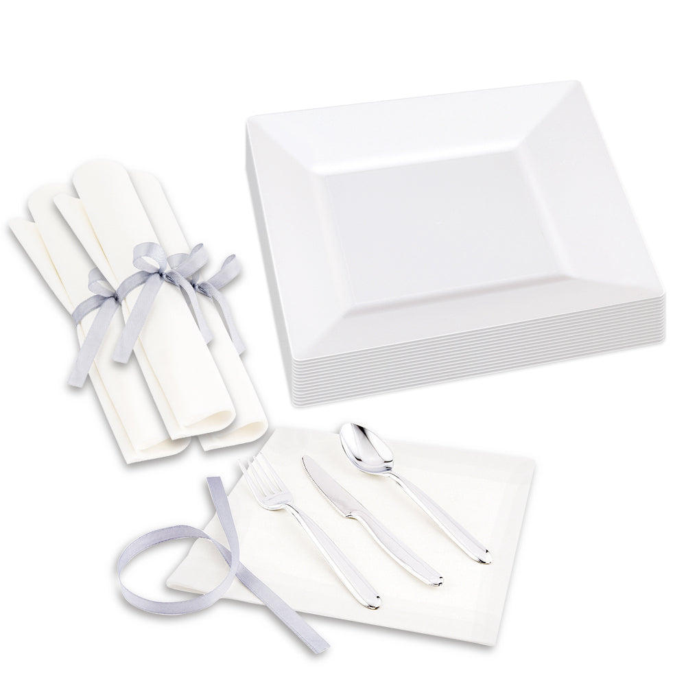 100 Square White 8 1/4" Plastic Medium Plates and 100 Moderna Silver Plastic Cutlery Sets