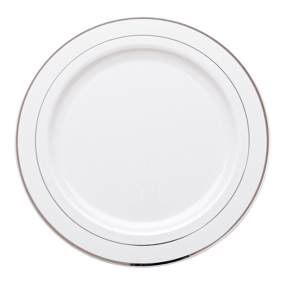 100 Round White 10 1/2" Plastic Silver-Rimmed Plates and 100 Moderna Silver Plastic Cutlery Sets