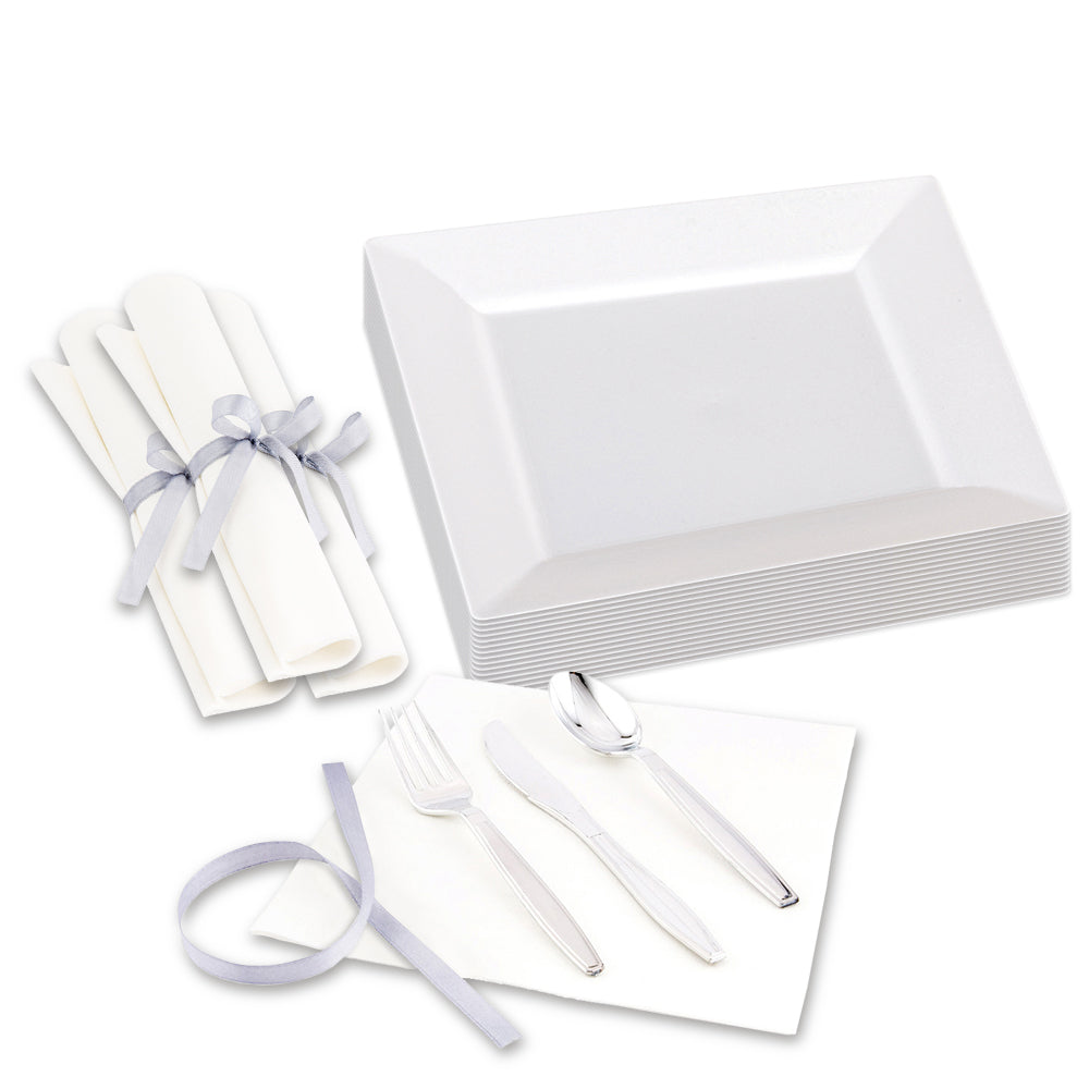 100 Square White 9 1/2" Plastic Modern Plates and 100 Argento Silver Plastic Cutlery Sets