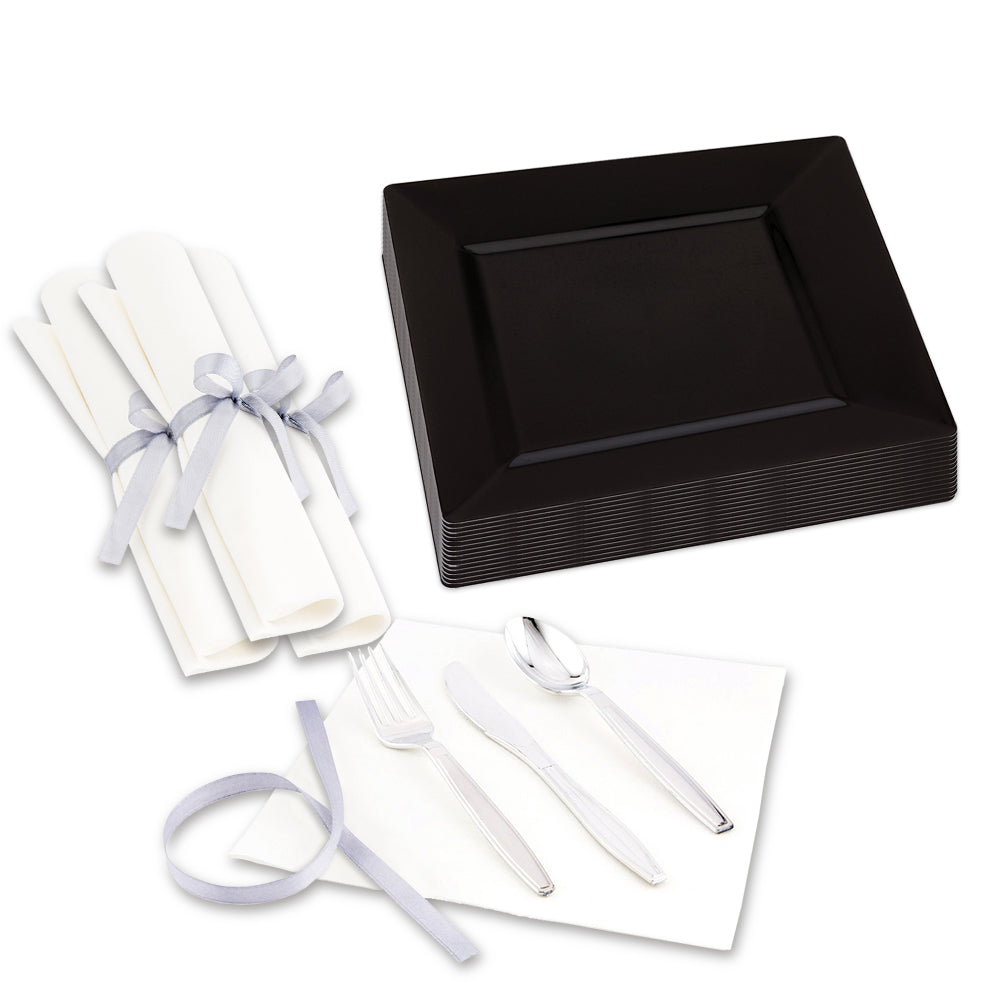 100 Square Black 8 1/4" Plastic Medium Plates and 100 Argento Silver Plastic Cutlery Sets