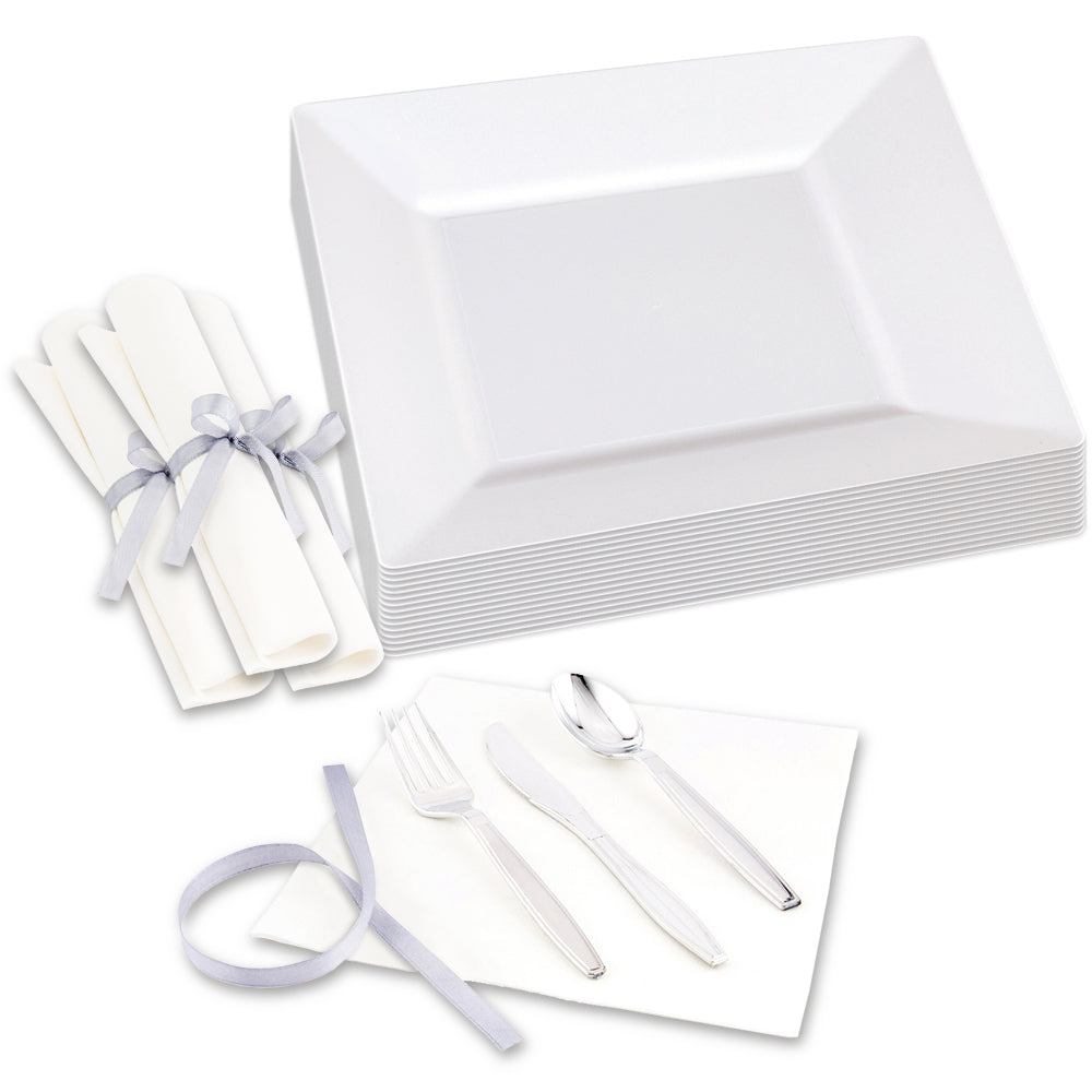 100 Square White 10 3/4" Plastic Dinner Plates and 100 Argento Silver Plastic Cutlery Sets