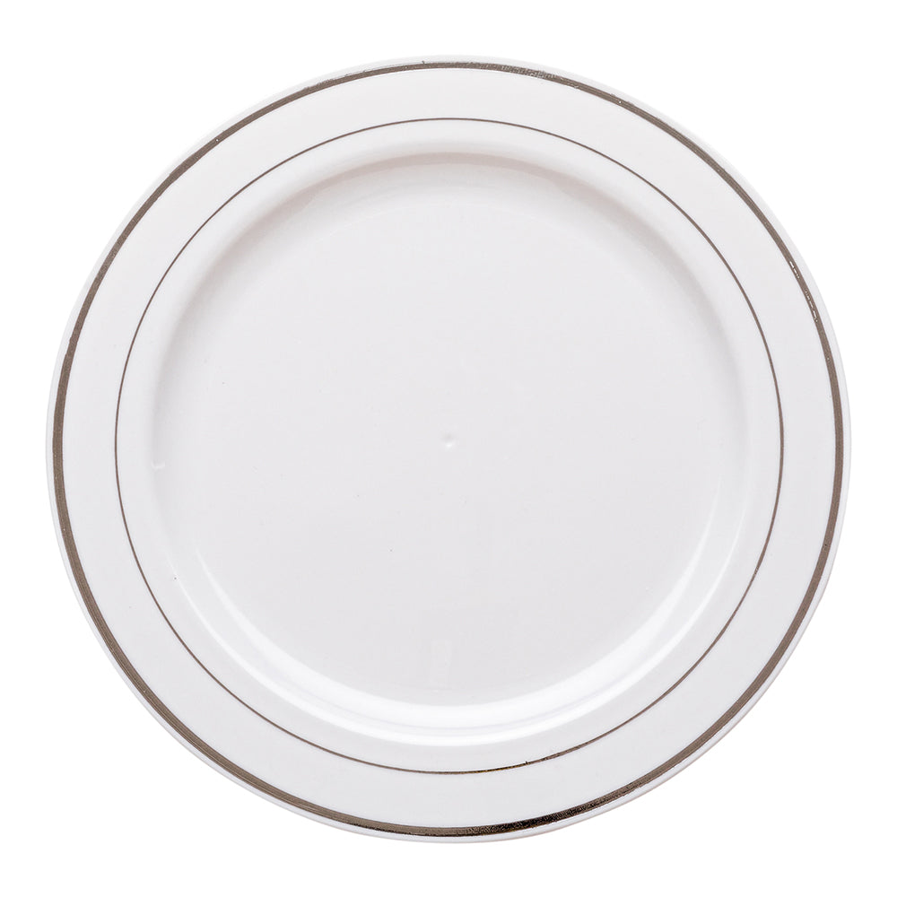 100 Round White 7 1/2" Plastic Silver-Rimmed Plates and 100 Argento Silver Plastic Cutlery Sets