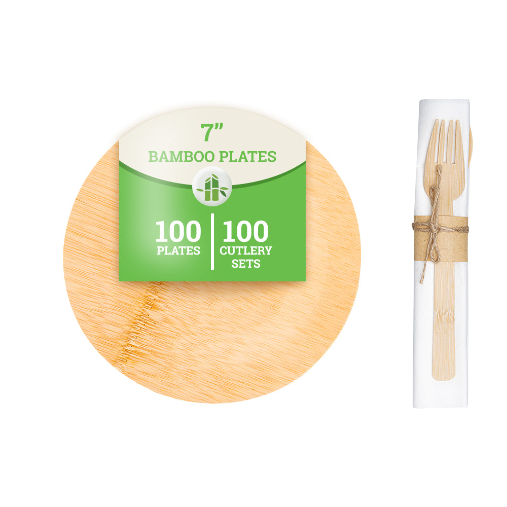 100 Round Natural 7" Bamboo Medium Veneer Plates and 100 Natural Bamboo Disposable Flatware Sets