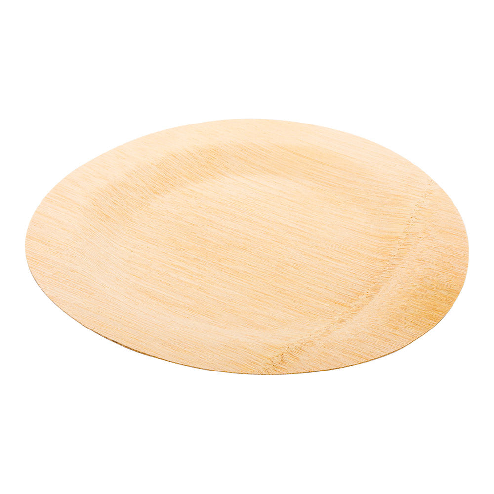 100 Round Natural 9" Bamboo Large Veneer Plates and 100 Natural Bamboo Disposable Flatware Sets