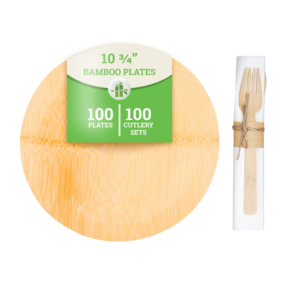 100 Round Natural 11" Bamboo Veneer Dinner Plates and 100 Natural Bamboo Disposable Flatware Sets