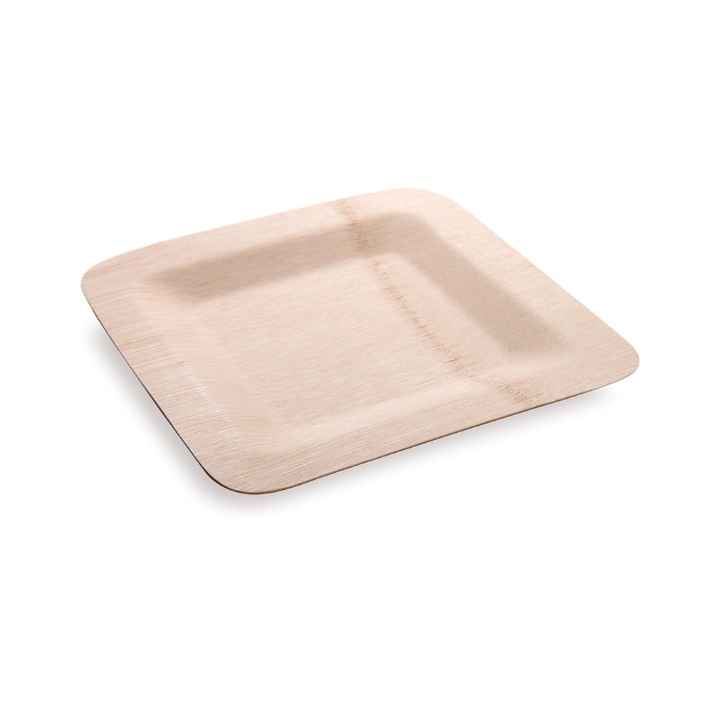 100 Square Natural 7" Bamboo Medium Veneer Plates and 100 Natural Bamboo Disposable Flatware Sets