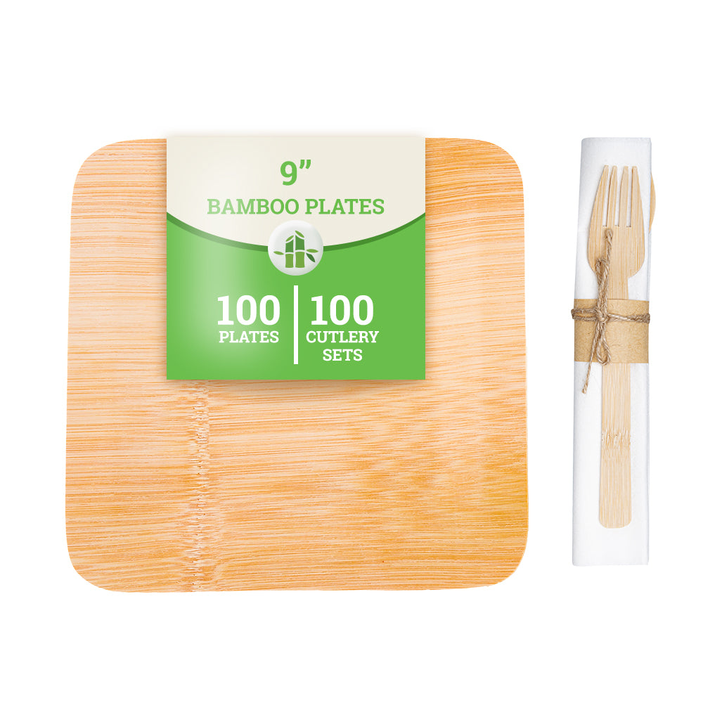 100 Square Natural 9" Bamboo Large Veneer Plates and 100 Natural Bamboo Disposable Flatware Sets