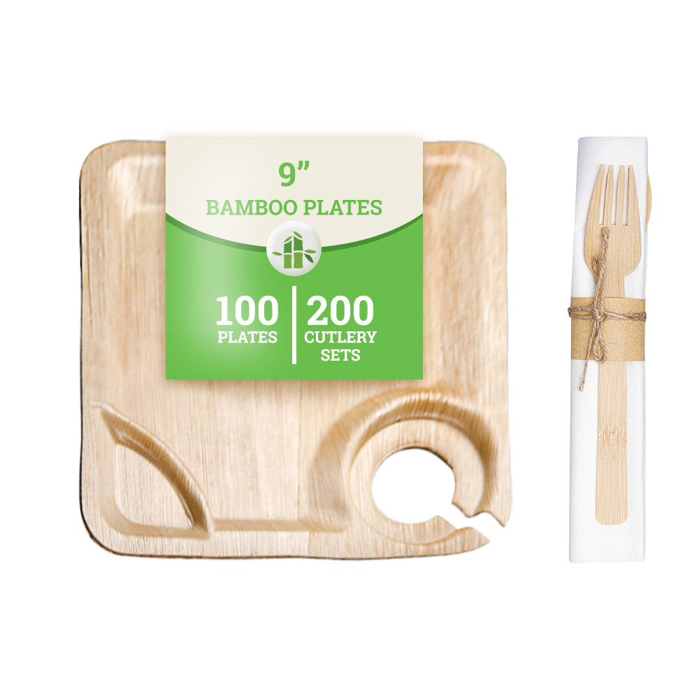 100 Square Natural 7" Bamboo Leaf Plate and Cup Holders and 100 Natural Bamboo Disposable Flatware Sets