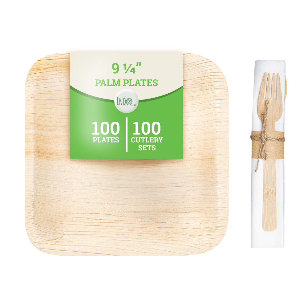 100 Indo Square 9" Natural Palm Leaf Plates and 100 Natural Bamboo Disposable Flatware Sets