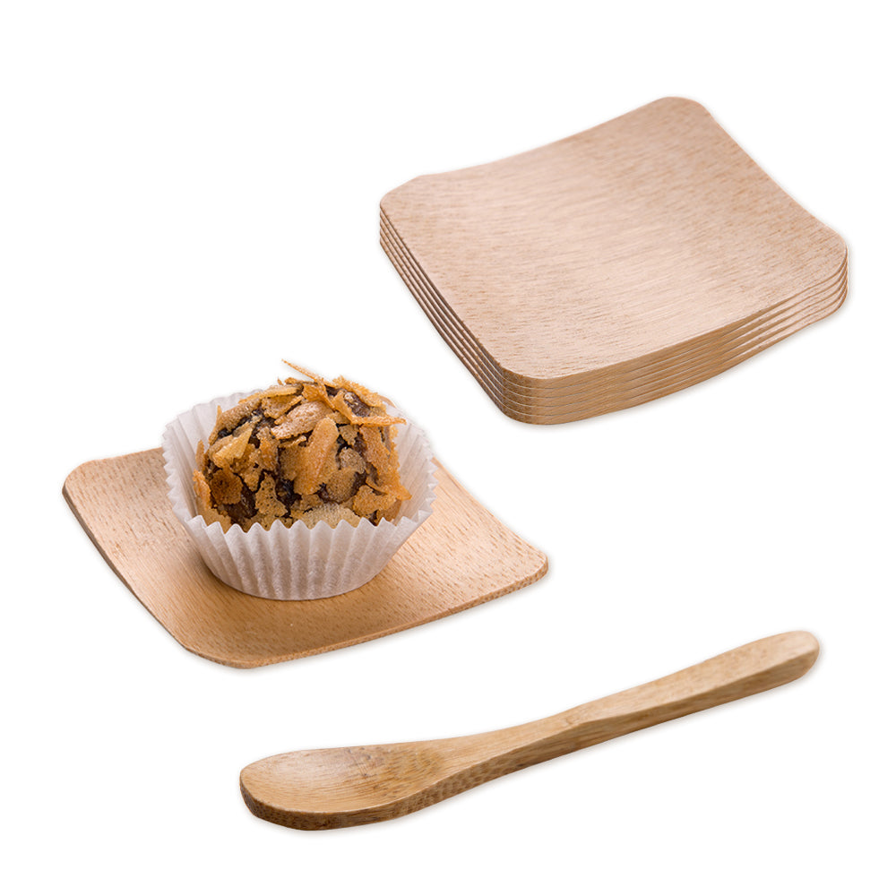 100 Square Natural 2.25" Bamboo Dishes and 100 Natural Bamboo 3.5" Mini Spoons