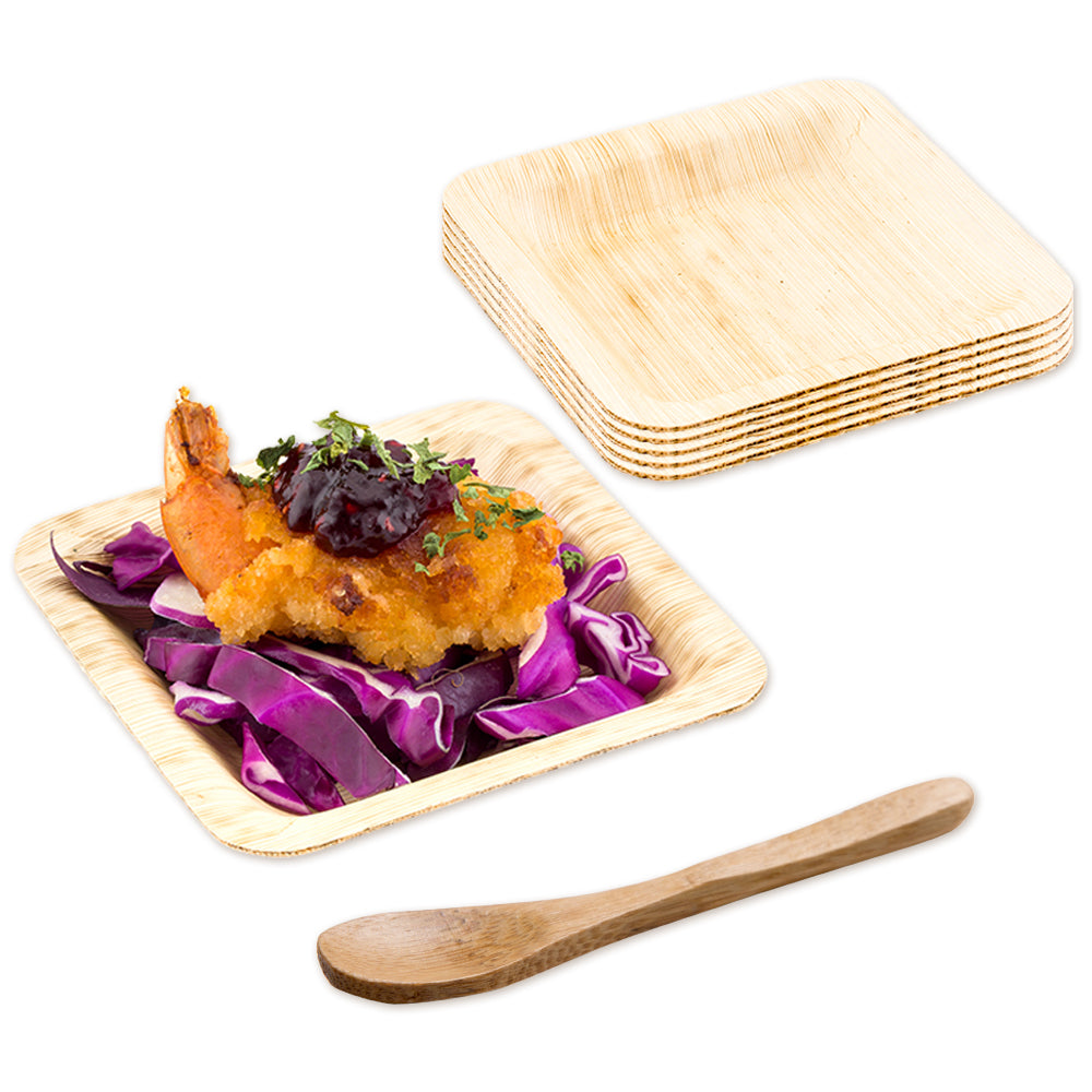 100 Square Leaf 3.6" Plates and 100 Natural Bamboo 3.5" Mini Spoons