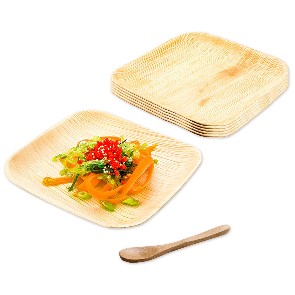 100 Indo Square 6" Natural Palm Leaf Plates and 100 Natural Bamboo 3.5" Mini Spoons