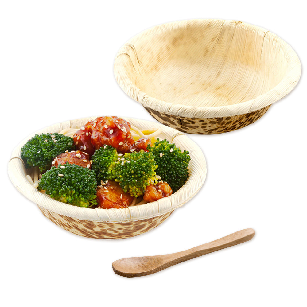 100 7 oz Round Natural Bamboo Bowls and 100 Natural Bamboo 3.5" Mini Spoons