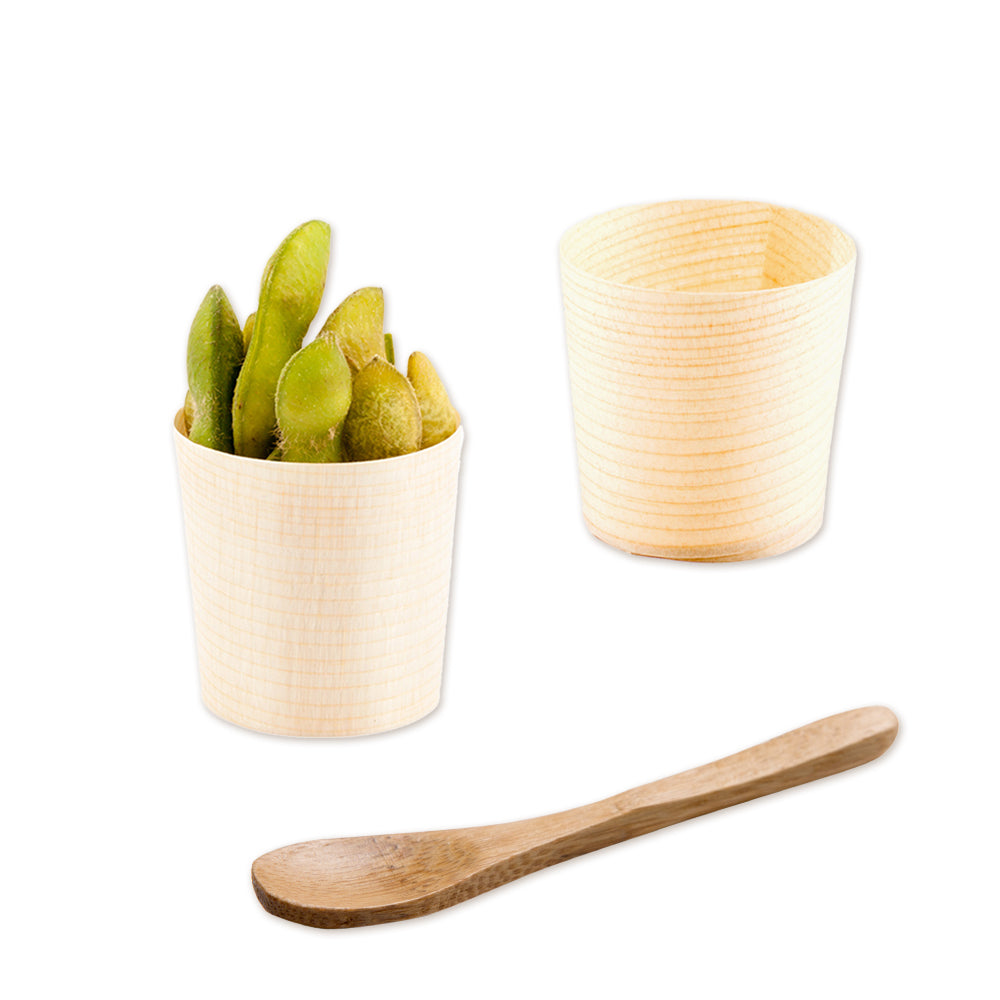 200 1 oz Round Natural Shaved Pinewood Mini Cups and 200 Natural Bamboo 3.5" Mini Spoons