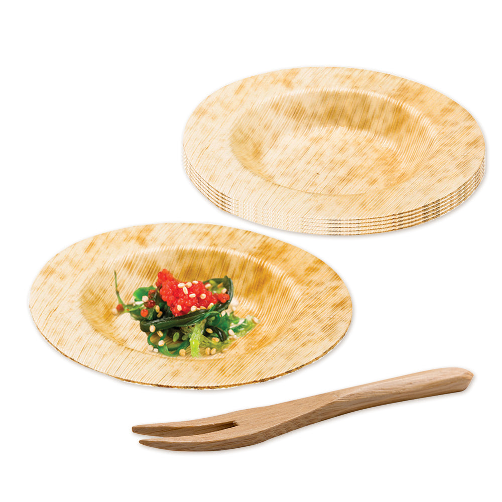 100 Round Natural 3.5" Bamboo Small Plates and 100 Natural Bamboo 3.5" Mini Forks