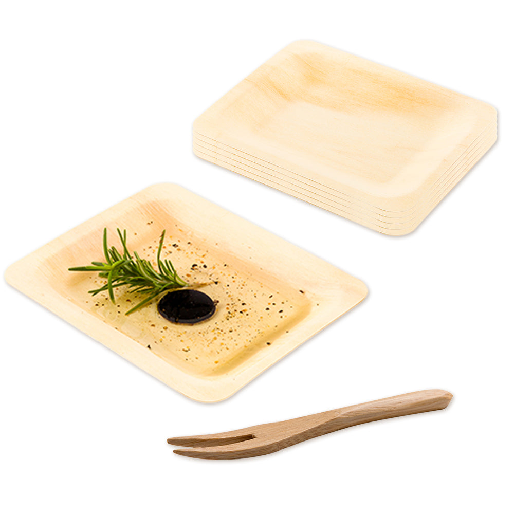 200 Rectangle Natural 4.75" Wood Plates and 200 Natural Bamboo 3.5" Mini Forks