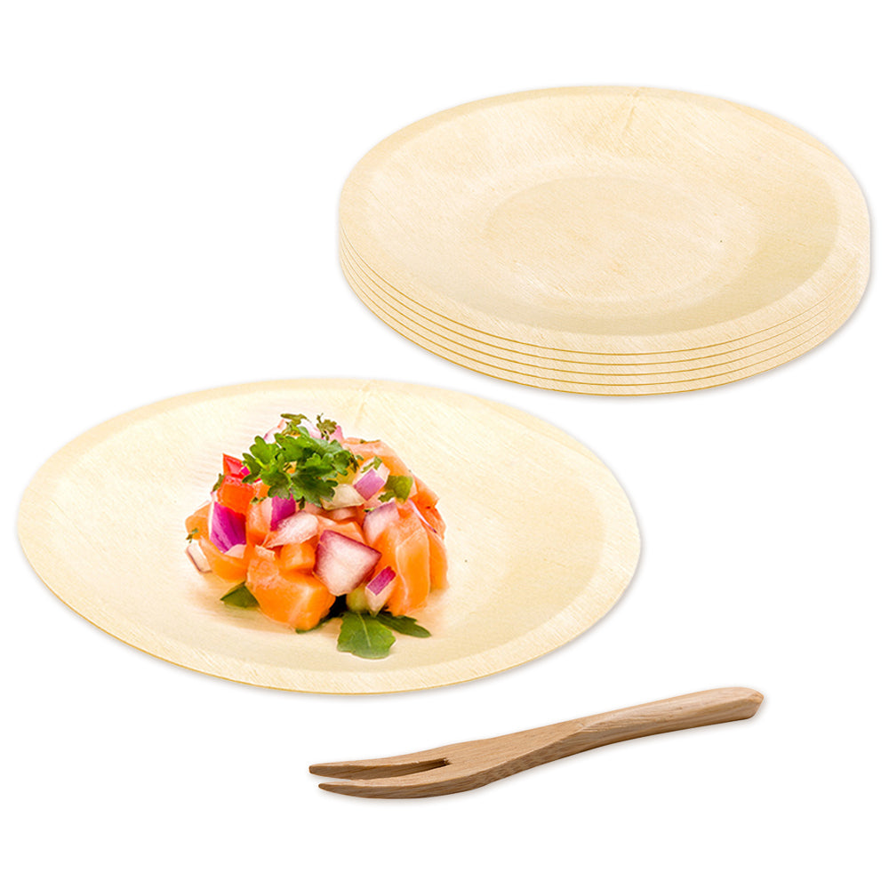 200 Round Natural 5.5" Wood Plates and 200 Natural Bamboo 3.5" Mini Forks