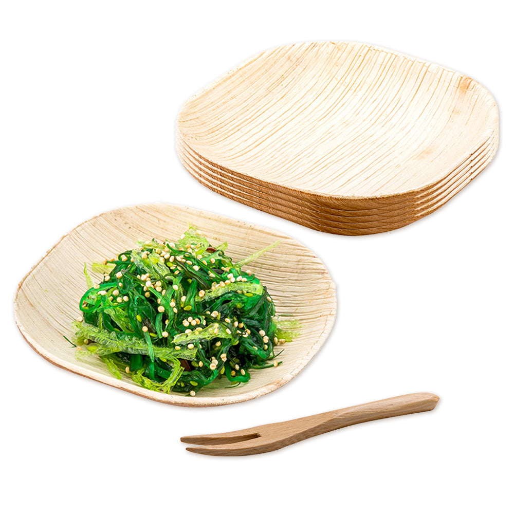 100 Indo Square 4" Natural Palm Leaf Plates and 100 Natural Bamboo 3.5" Mini Forks