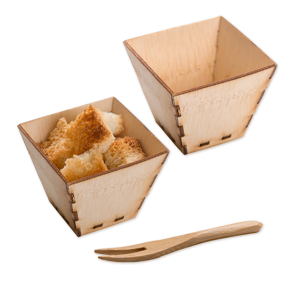 100 2 oz Square Natural Bamboo Mini Kova Cups and 100 Natural Bamboo 3.5" Mini Forks