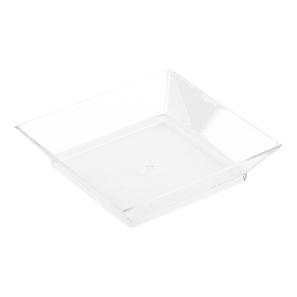 100 Square Clear 2.5" Plastic Mini Modern Plates and 100 Silver Plastic 4" Mini Forks