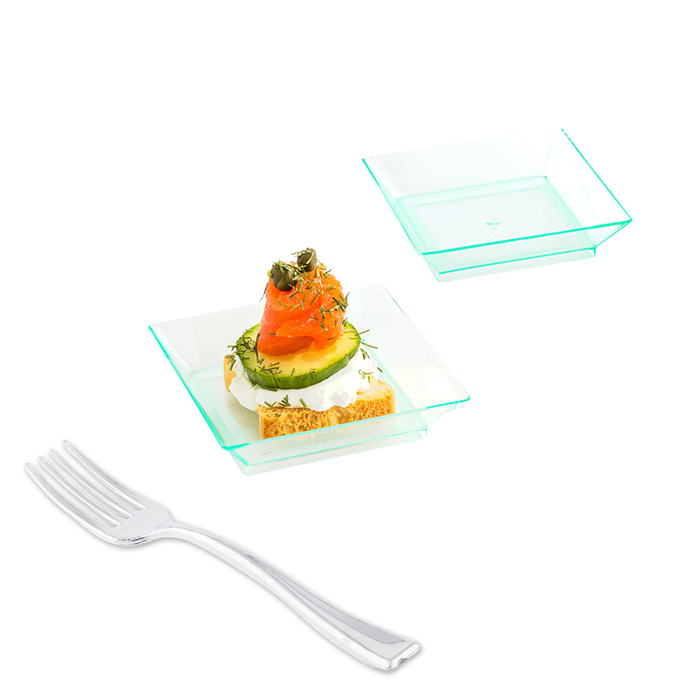 100 Square Seagreen 2.5" Plastic Mini Modern Plates and 100 Silver Plastic 4" Mini Forks