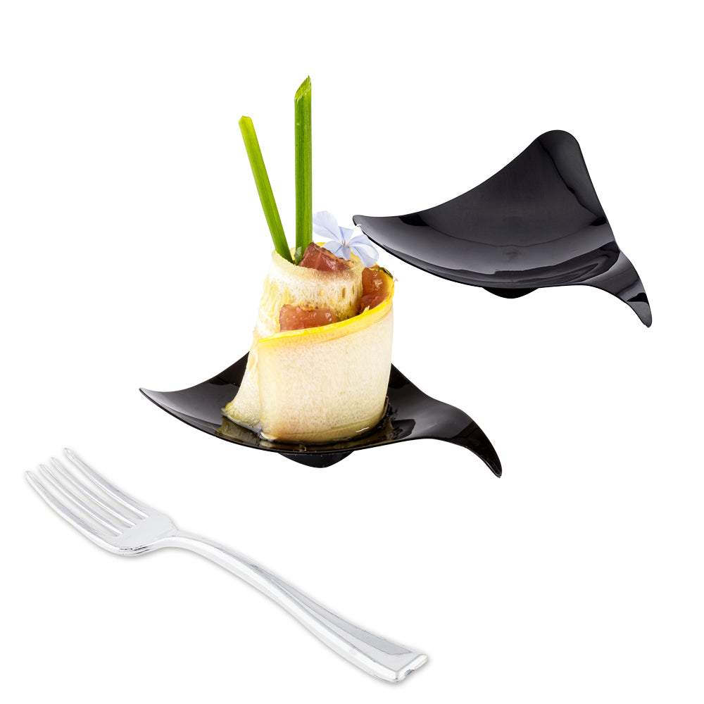 100 Triangle Black 3" Plastic Shooting Star Appetizer Plates and 100 Silver Plastic 4" Mini Forks