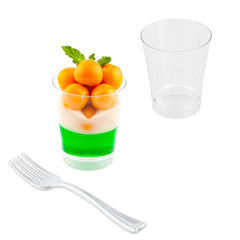 100 3 oz Round Clear Plastic Mini Parfait Glass and 100 Silver Plastic 4