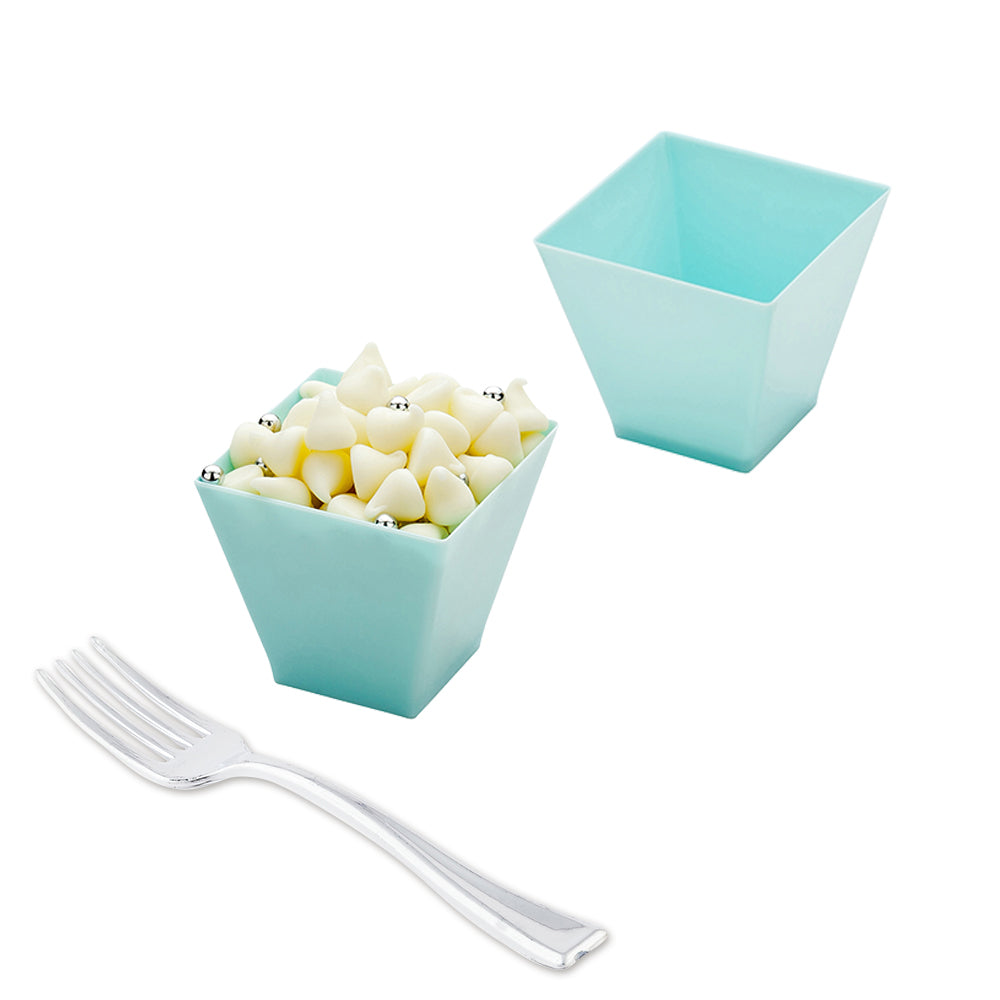 100 2 oz Square Baby Blue Plastic Mini Kova Cups and 100 Silver Plastic 4" Mini Forks