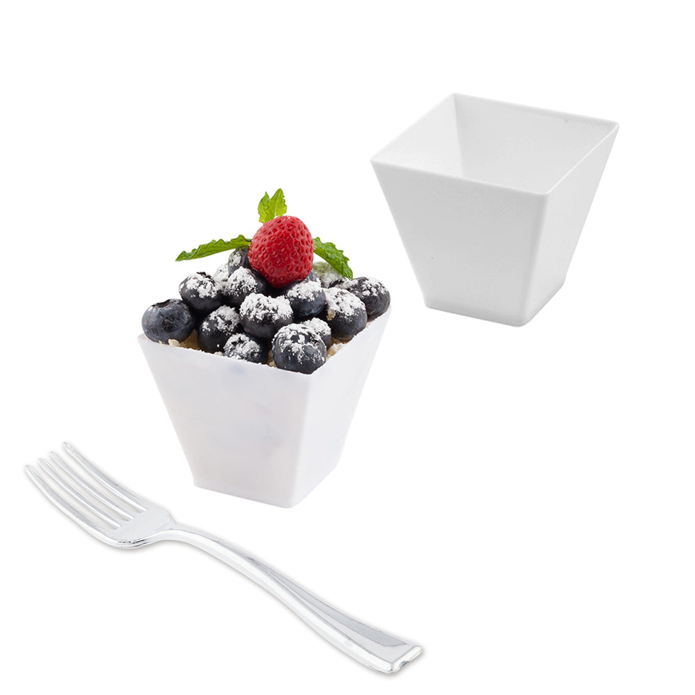 100 2 oz Square White Plastic Mini Kova Cups and 100 Silver Plastic 4" Mini Forks