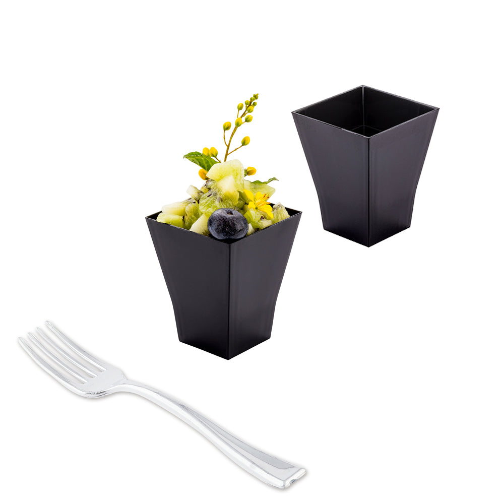 100 2 oz Square Black Plastic Bonito Cups and 100 Silver Plastic 4" Mini Forks