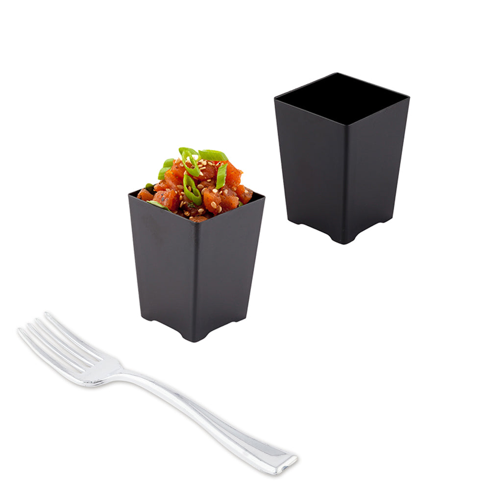 100 4 oz Square Black Plastic Tall Quadrato Cups and 100 Silver Plastic 4" Mini Forks