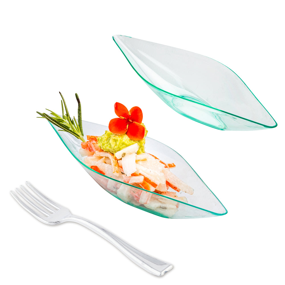 100 Diamond Seagreen 5" Plastic Canoe Dish and 100 Silver Plastic 4" Mini Forks