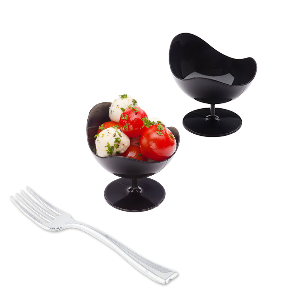 100 2 oz Round Black Plastic Ball Chairs and 100 Silver Plastic 4" Mini Forks