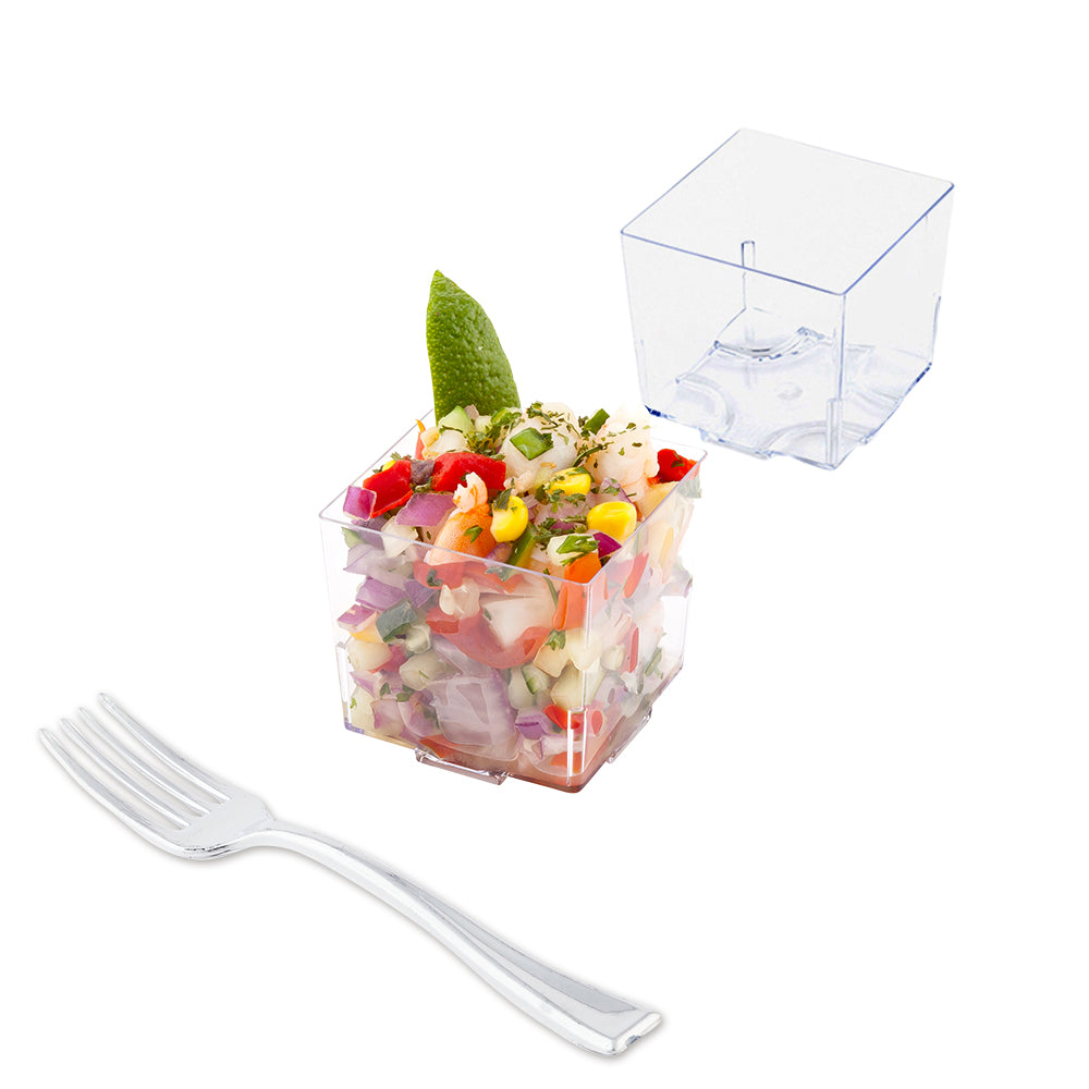 100 5 oz Square Clear Plastic Large Quadrato Cubes and 100 Silver Plastic 4" Mini Forks