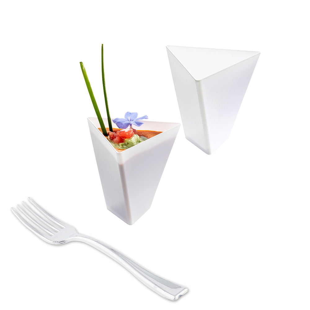 100 4 oz Triangle White Plastic Torcente Dessert Cups and 100 Silver Plastic 4" Mini Forks