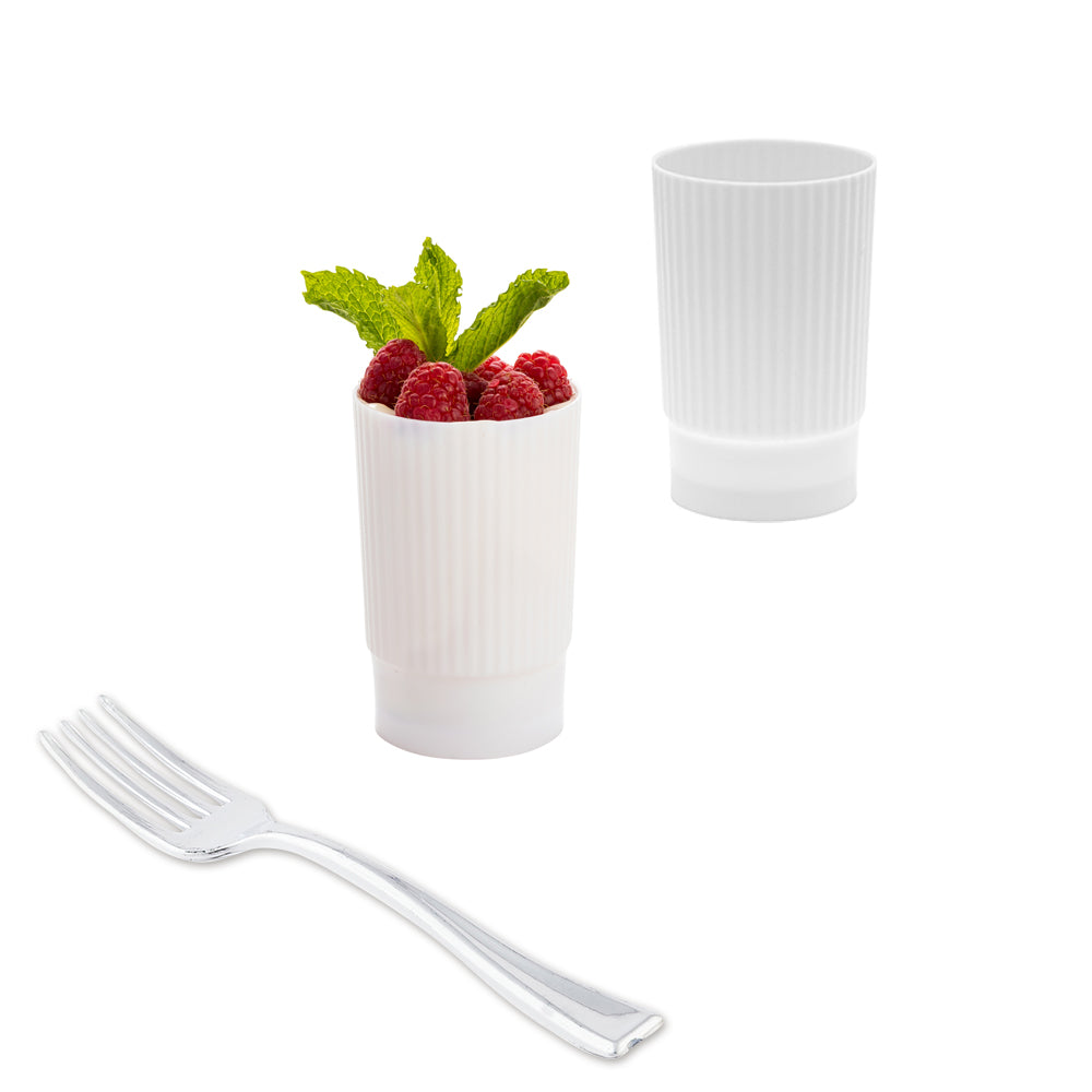 100 4 oz White Plastic Toque Parfait Cups and 100 Silver Plastic 4" Mini Forks