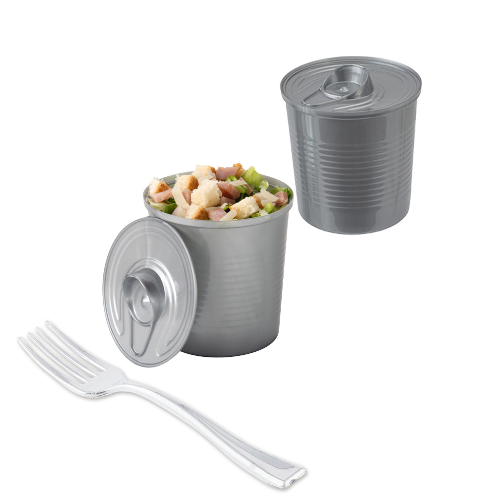 100 4 oz Round Silver Plastic Tin Cans and 100 Silver Plastic 4" Mini Forks