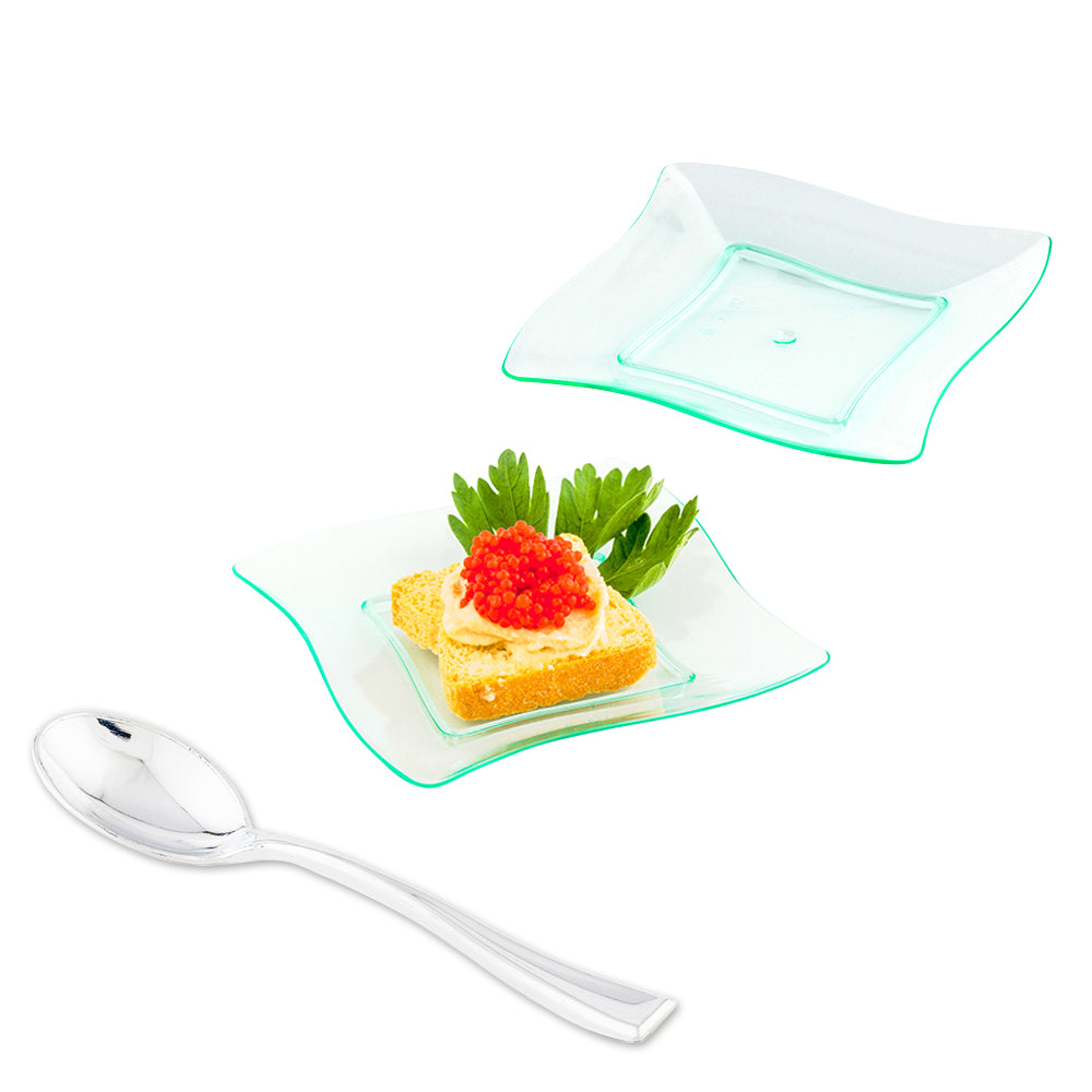 100 Square Seagreen 3" Plastic Aqua Plates and 100 Silver Plastic 4" Mini Spoons