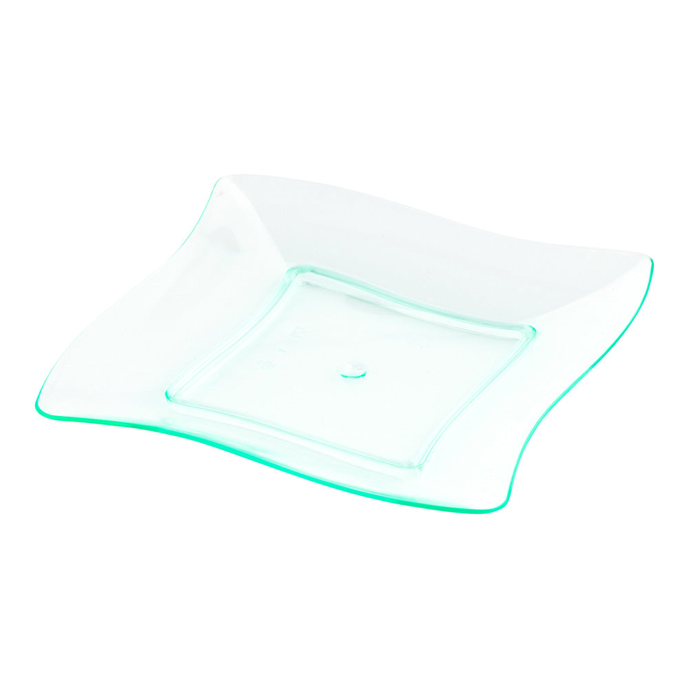 100 Square Seagreen 3" Plastic Aqua Plates and 100 Silver Plastic 4" Mini Spoons