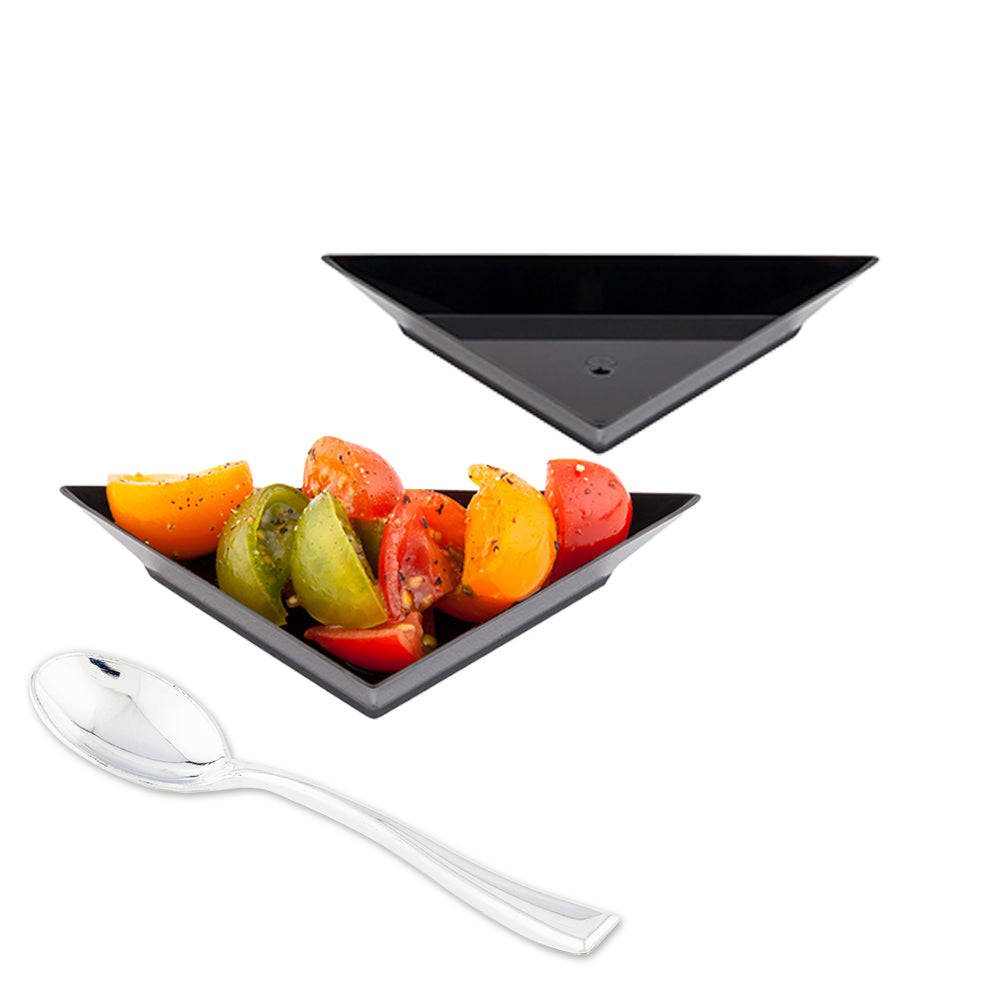 100 Black Plastic 4" Mini Triangolo Appetizer Plates and 100 Silver Plastic 4" Mini Spoons