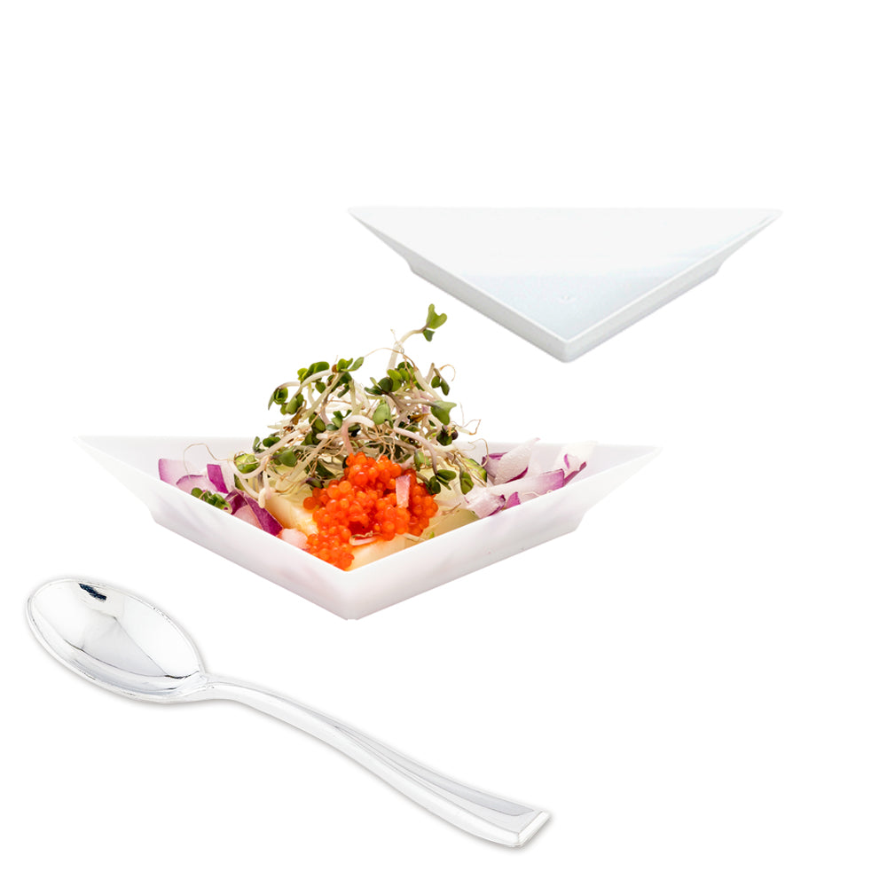 100 White Plastic 4" Mini Triangolo Appetizer Plates and 100 Silver Plastic 4" Mini Spoons