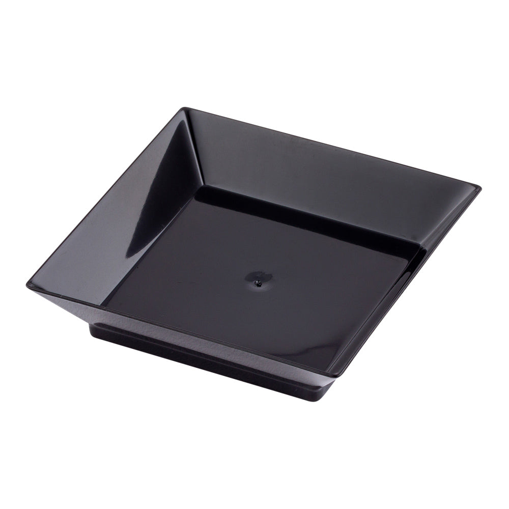 100 Square Black 2.5" Plastic Mini Modern Plates and 100 Silver Plastic 4" Mini Spoons