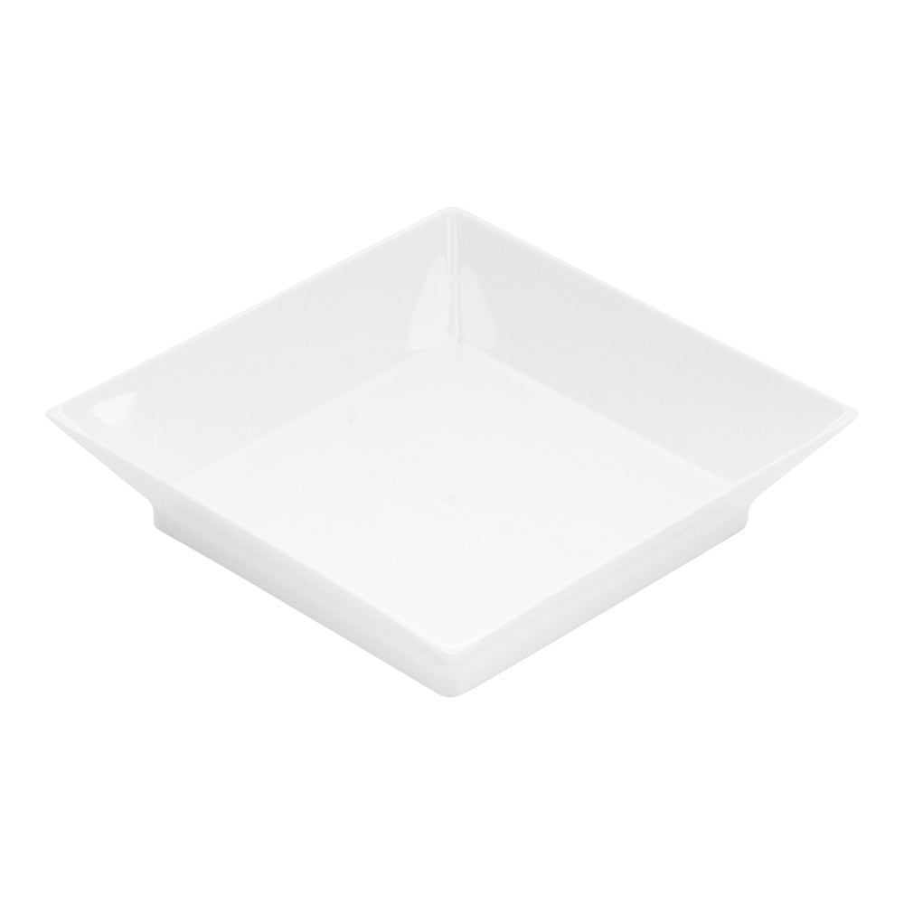 100 Square White 2.5" Plastic Mini Modern Plates and 100 Silver Plastic 4" Mini Spoons