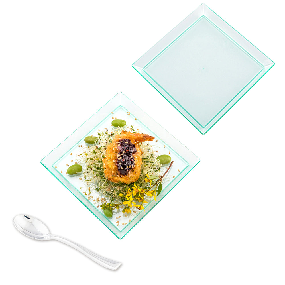 100 Square Seagreen 5" Plastic Medium Modern Plates and 100 Silver Plastic 4" Mini Spoons