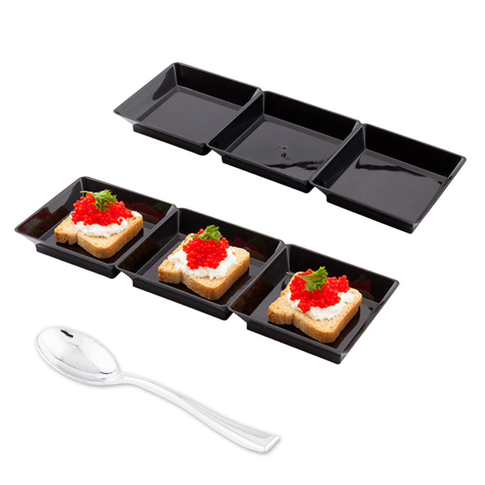 100 Rectangle Black 7.5" Plastic Terzetto Mini Plates and 100 Silver Plastic 4" Mini Spoons