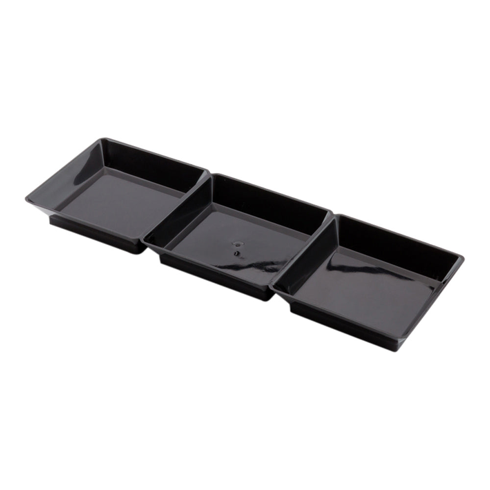 100 Rectangle Black 7.5" Plastic Terzetto Mini Plates and 100 Silver Plastic 4" Mini Spoons